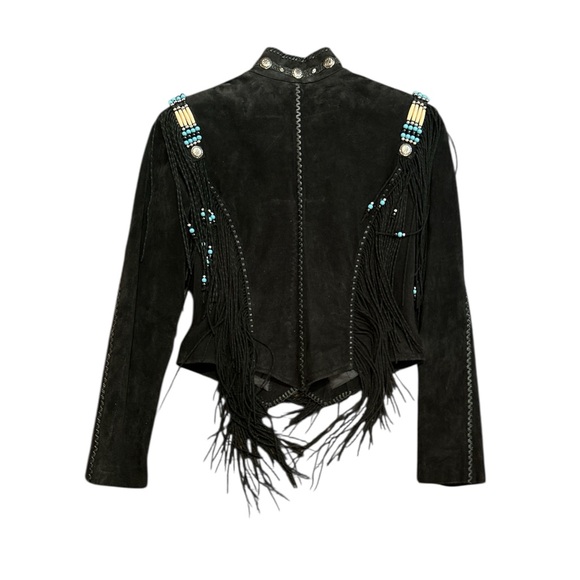 Western leather jacket with fringe, beads, silver snaps - Picture 2 of 3